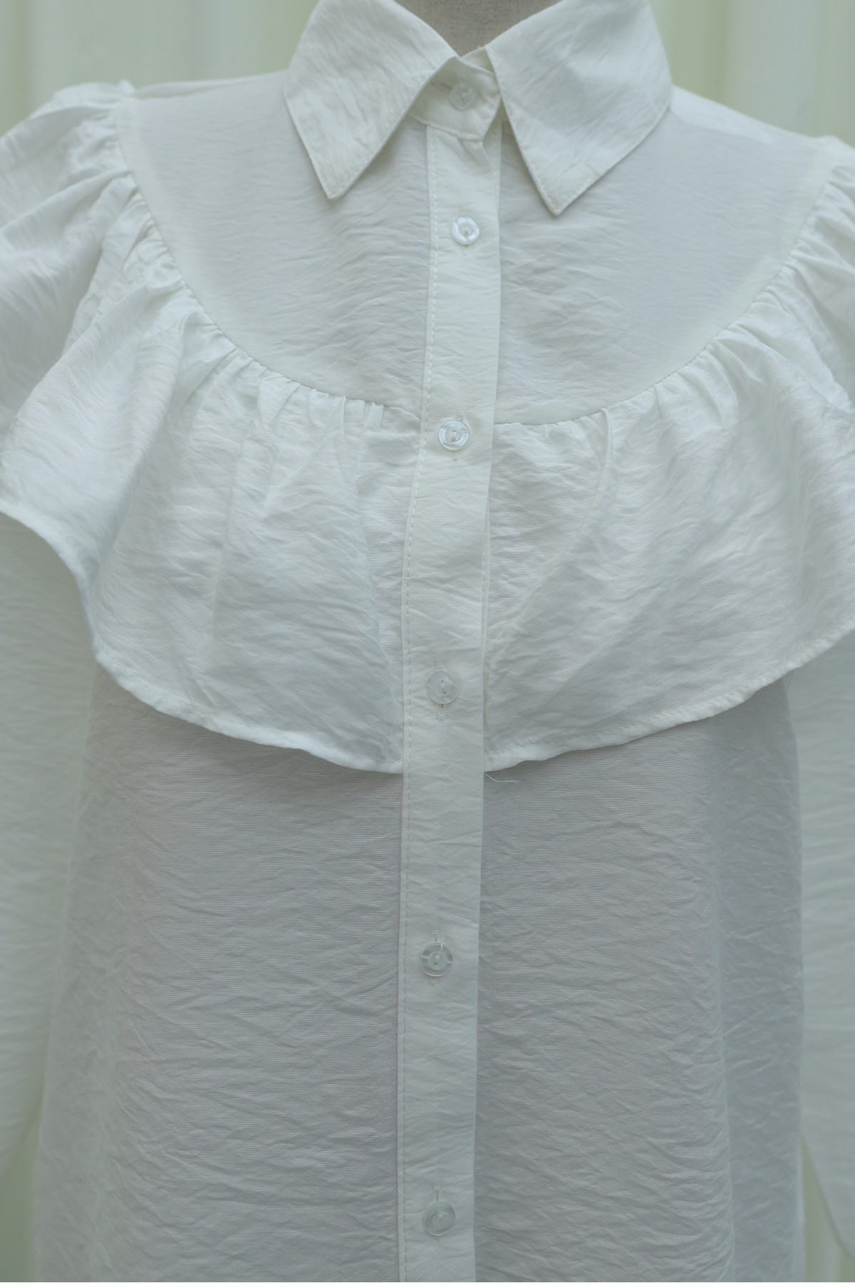 Ruffled Buttoned Rayon Tunic from the Waist -White
