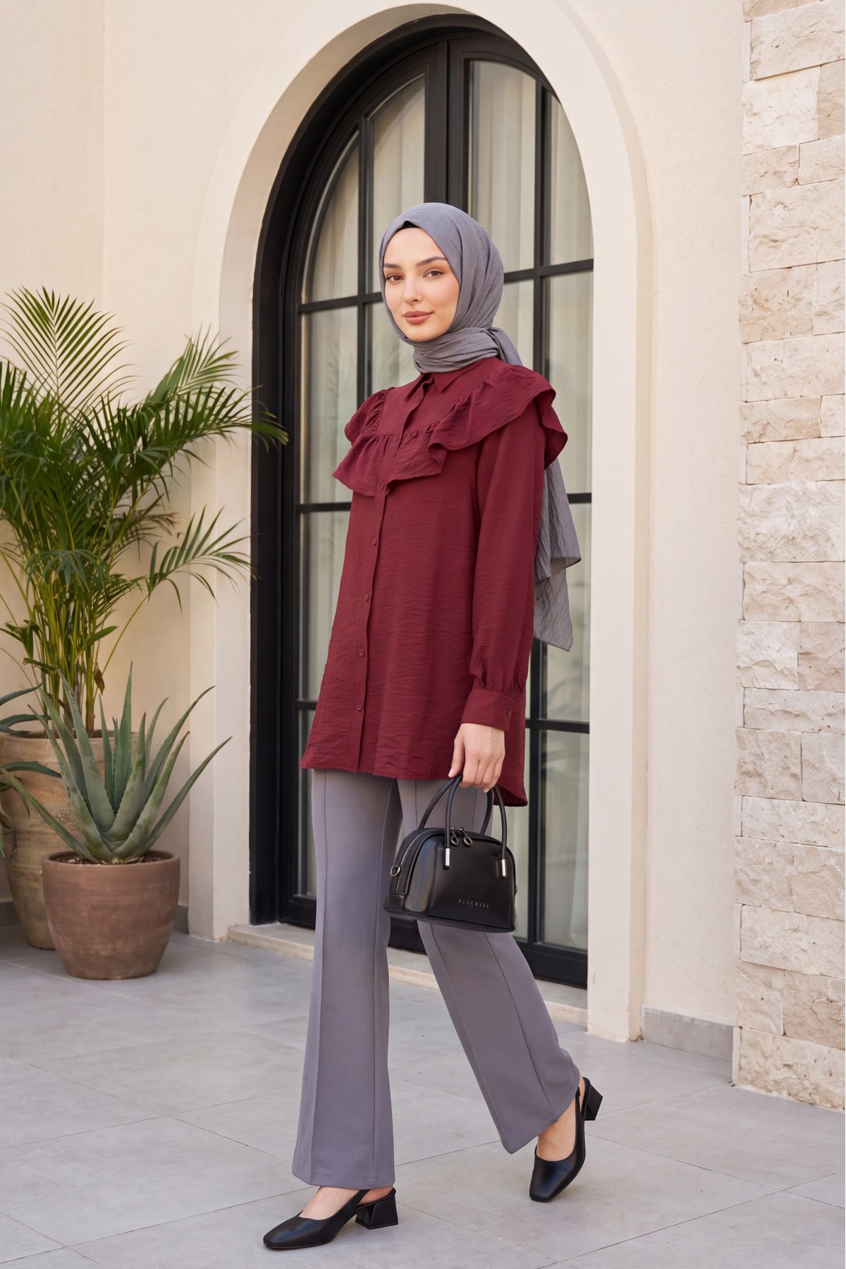 Robadan Fırfırlı Düğmeli Rayon Tunik -Bordo