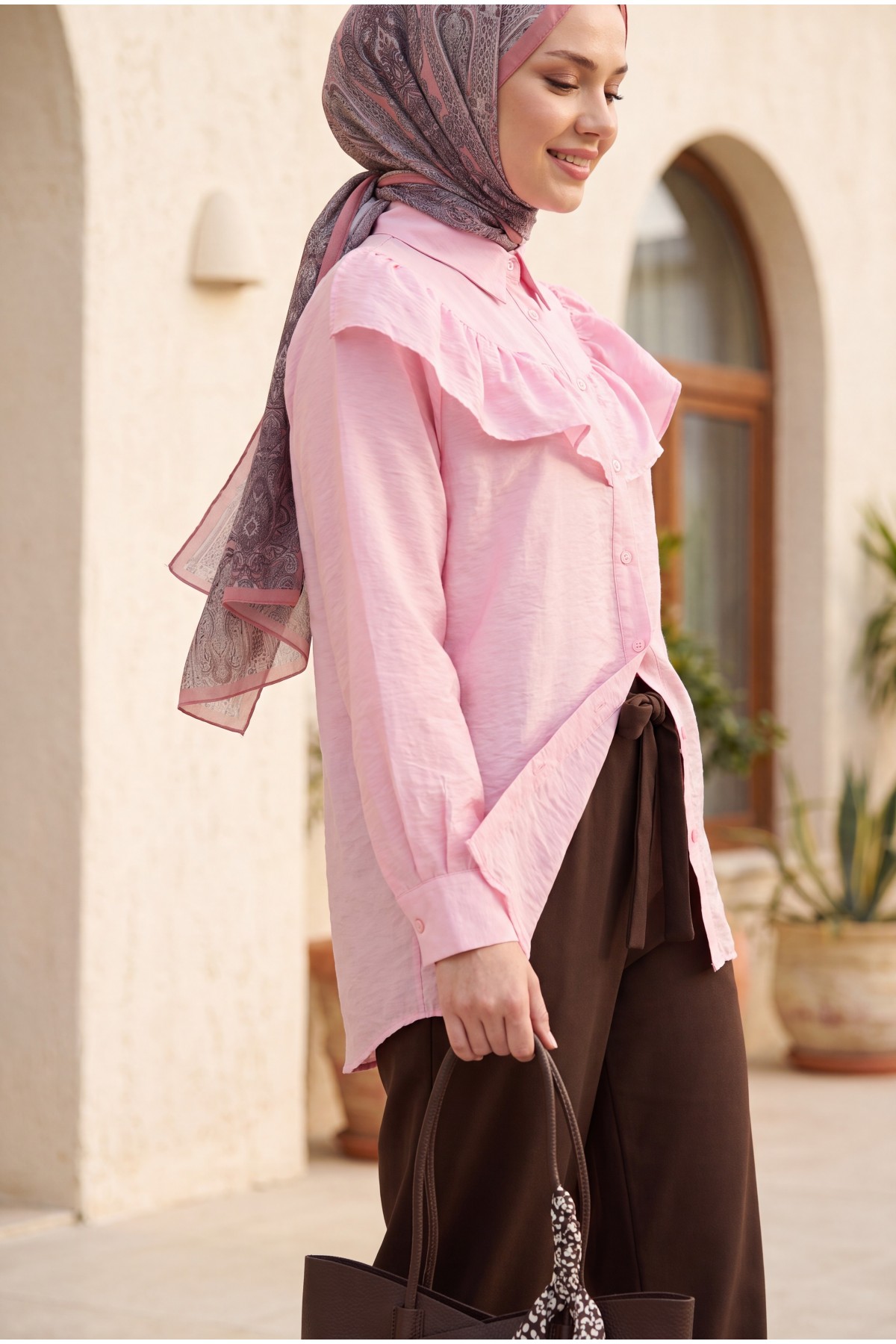 Robadan Fırfırlı Düğmeli Rayon Tunik -Pembe
