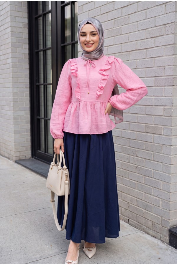 Crinkle Blouse with Tie-Neck Ruffled Front and Elasticated Cuffs -Pink