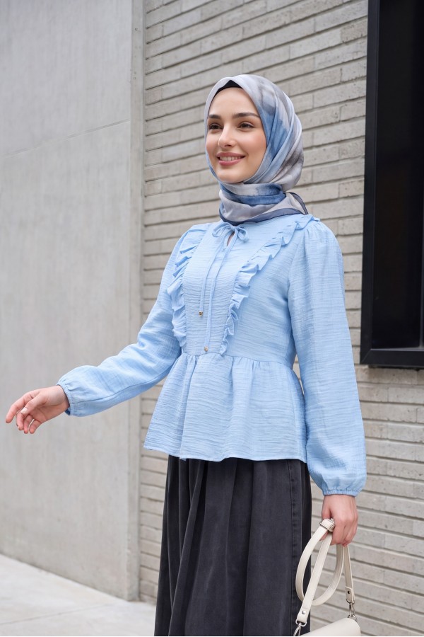 Crinkle Blouse with Tie-Neck Ruffled Front and Elasticated Cuffs -Baby Blue