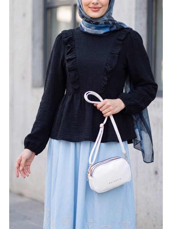 Crinkle Blouse with Tie-Neck Ruffled Front and Elasticated Cuffs -dark lacquer