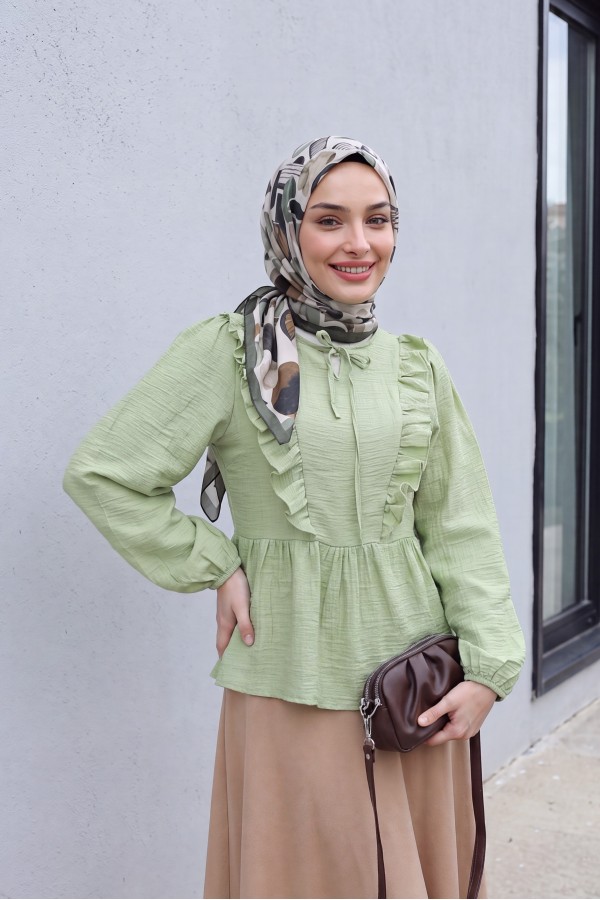 Crinkle Blouse with Tie-Neck Ruffled Front and Elasticated Cuffs -Cagla Green