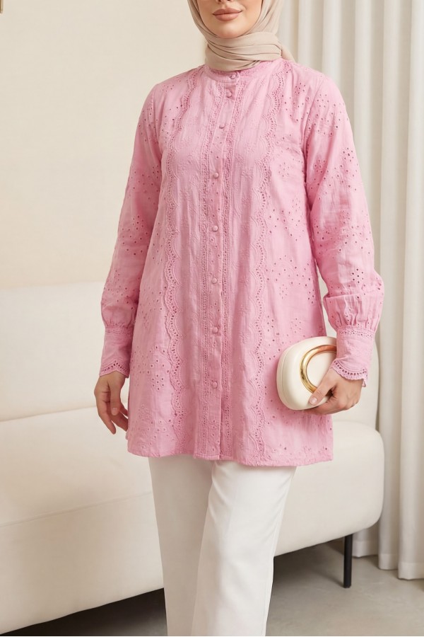 Yakası Ve Kolu Dantelli Top Düğmeli Astarlı Gömlek  -Pembe