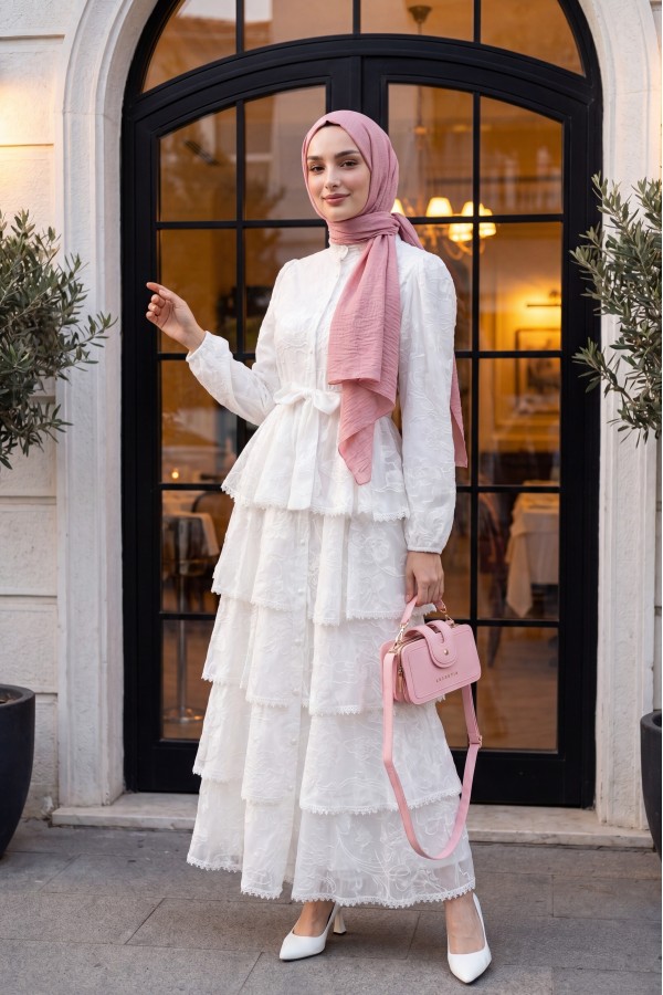 Full-Length Buttoned, Belted, Lined, Layered Chiffon Dress -White
