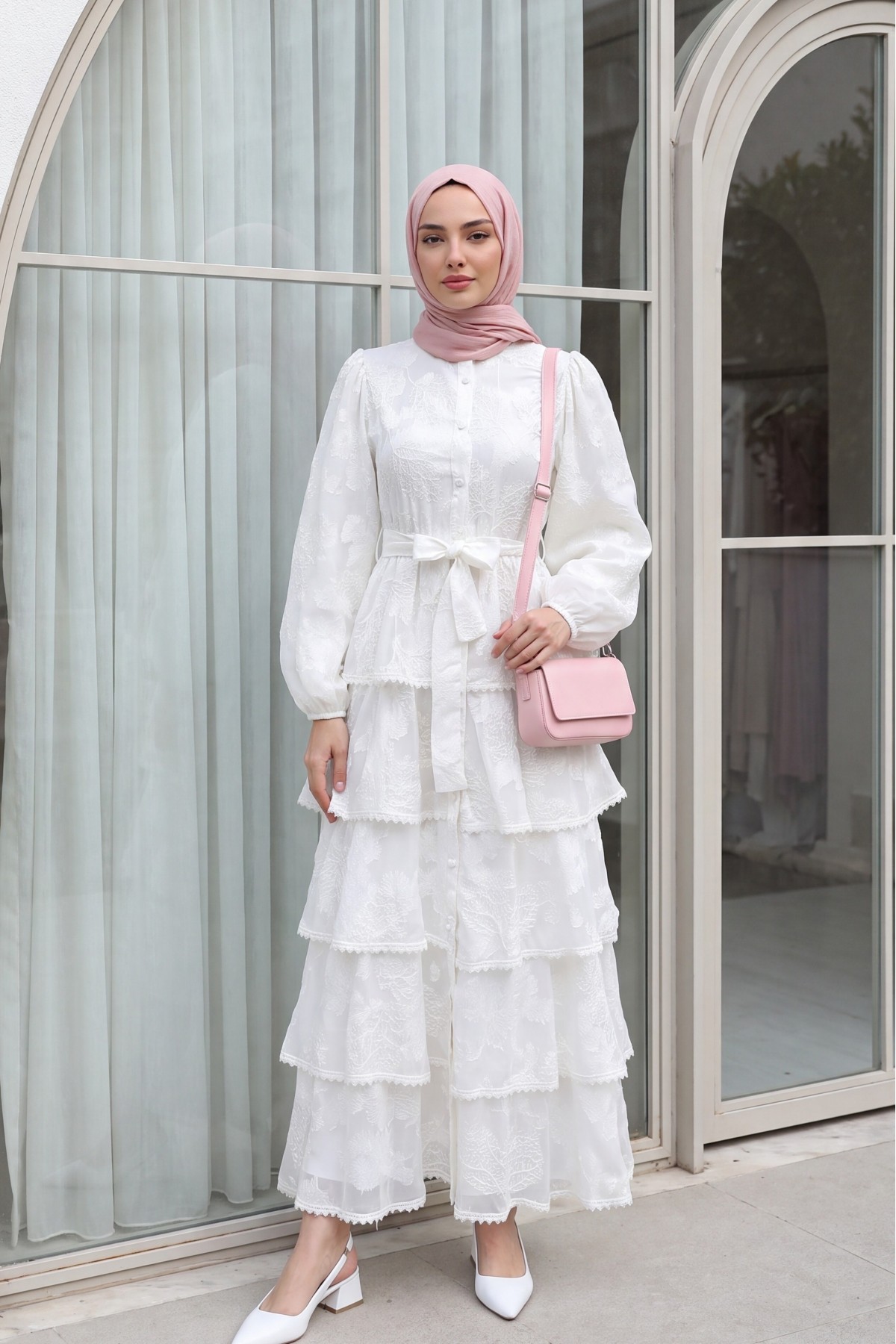 Belted, Lined, Layered, Embroidered, Full-Length Buttoned Chiffon Dress -White