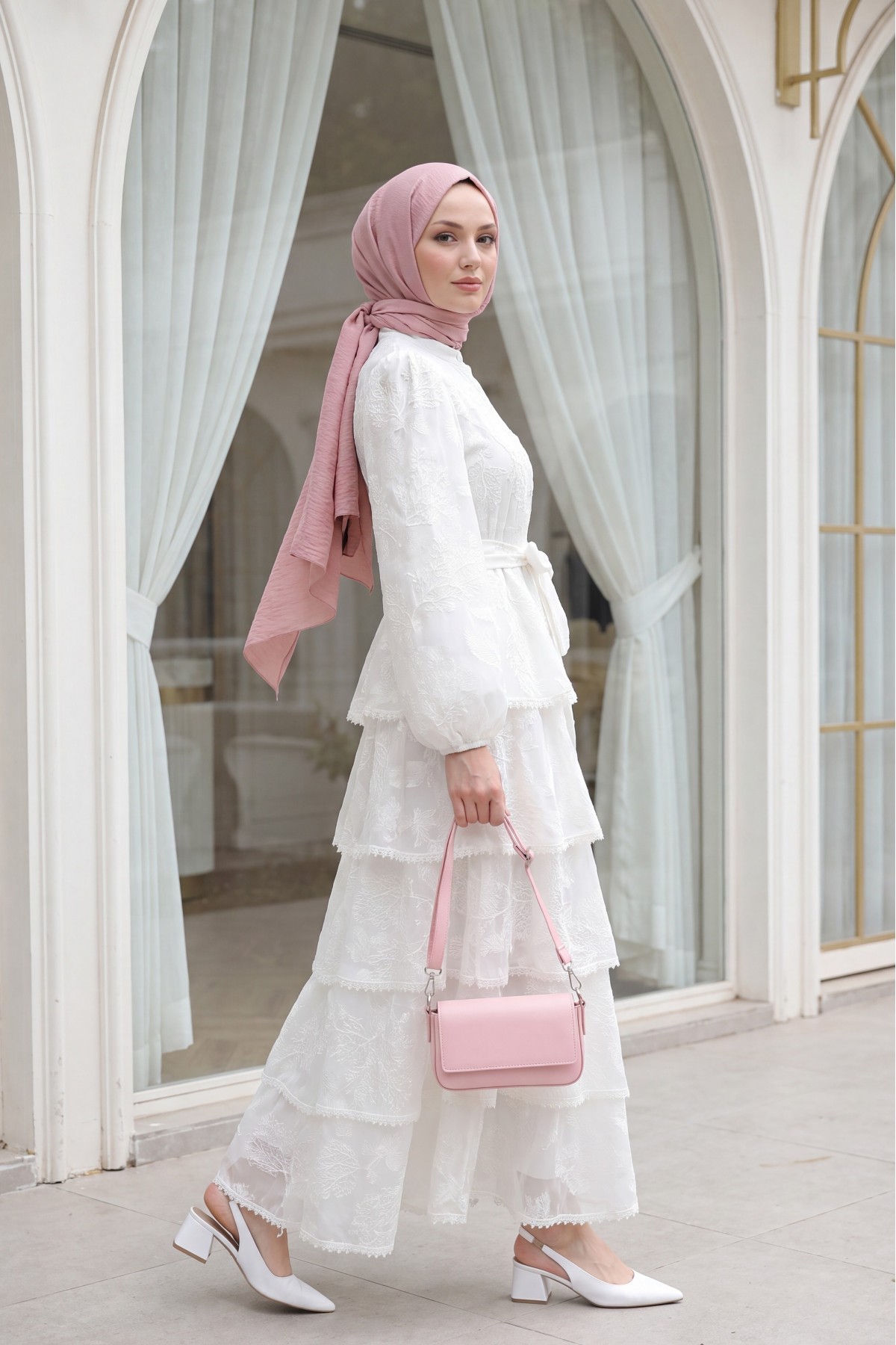 Belted, Lined, Layered, Embroidered, Full-Length Buttoned Chiffon Dress -White