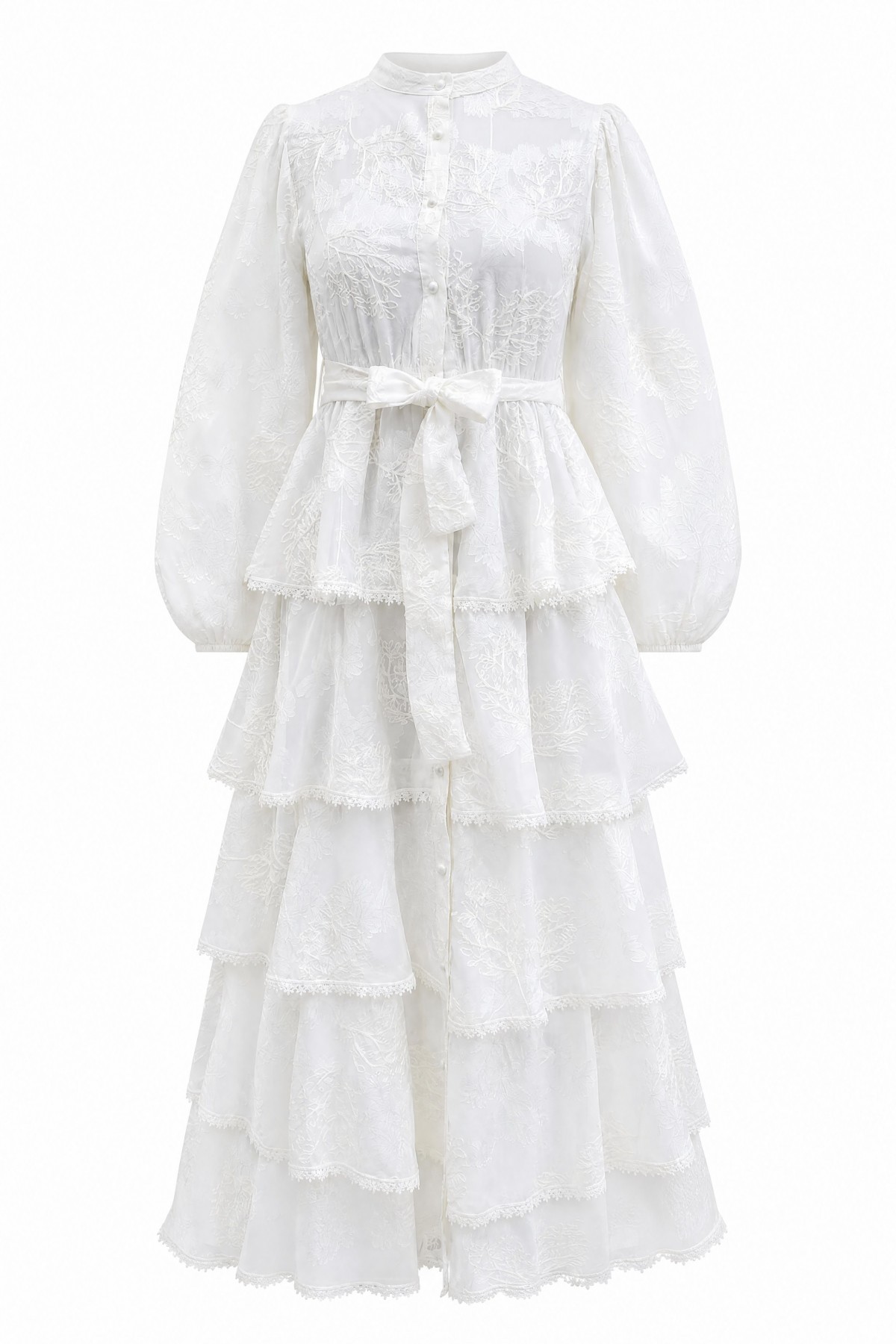 Belted, Lined, Layered, Embroidered, Full-Length Buttoned Chiffon Dress -White