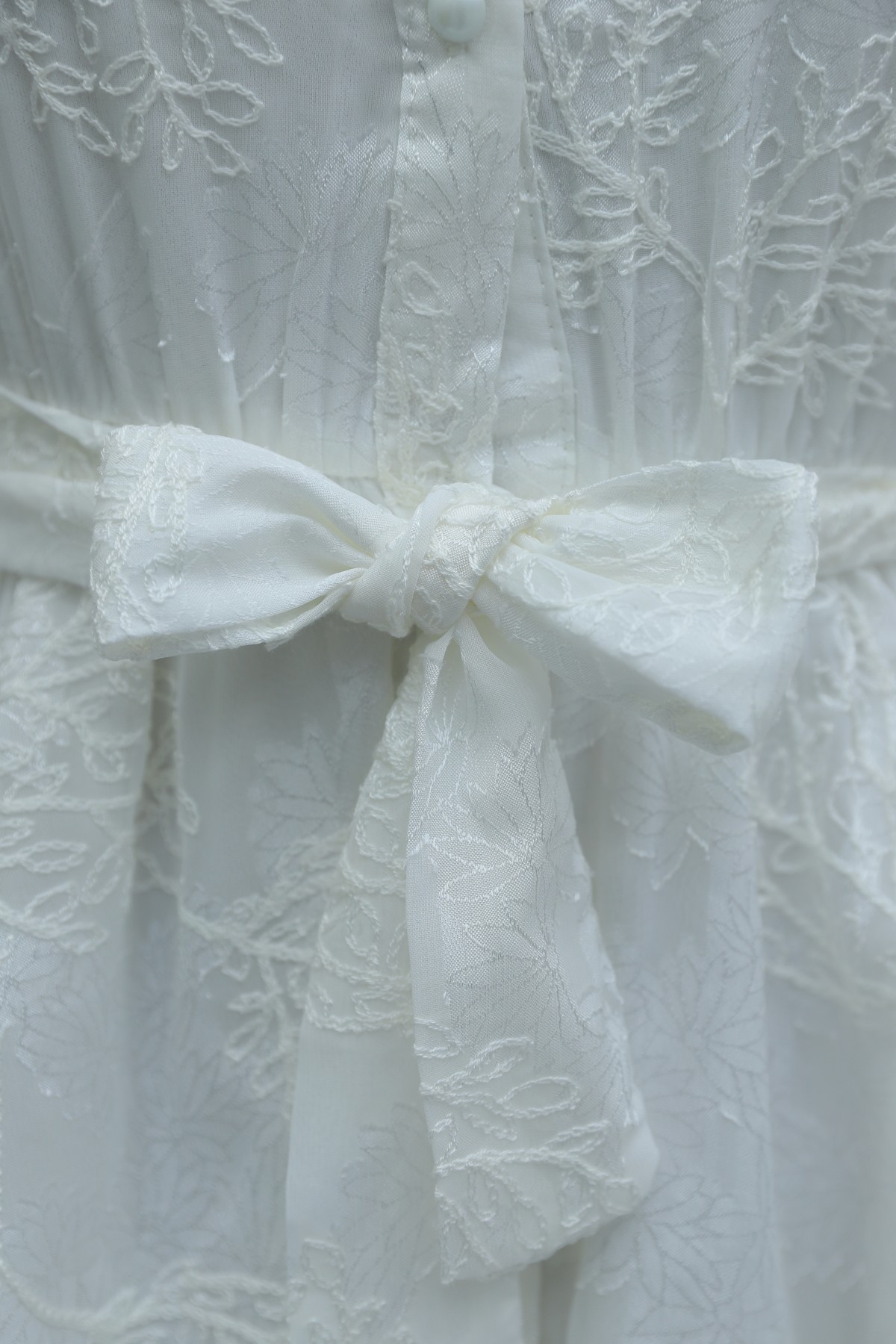 Belted, Lined, Layered, Embroidered, Full-Length Buttoned Chiffon Dress -White