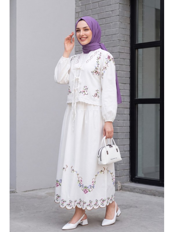 Kanaviçe İşlemeli Fistolu Kolu Lastikli Bağcıklı Etekli Keten Kimono Takım -Beyaz