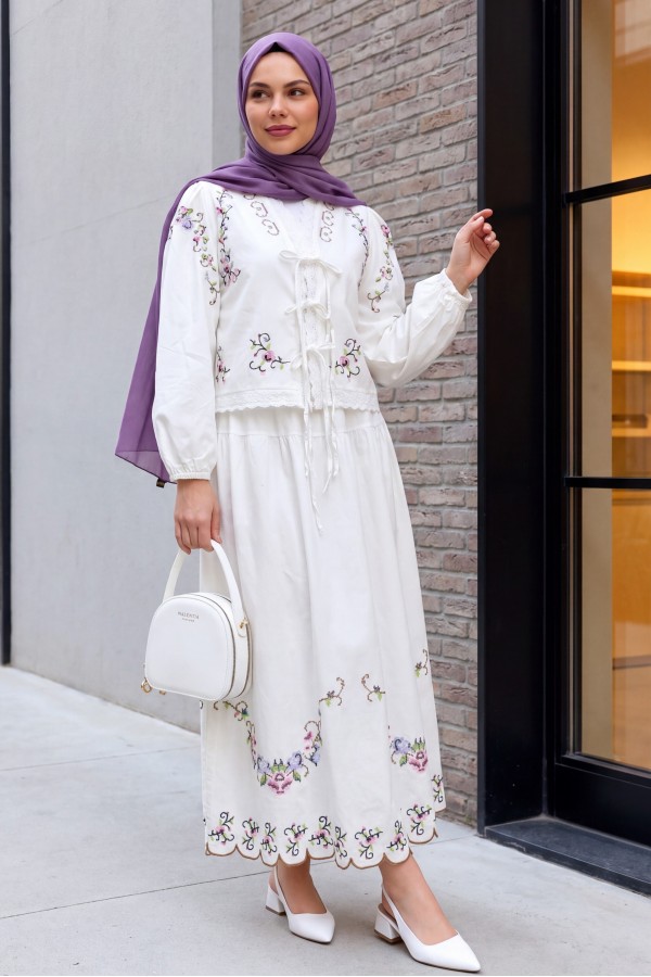 Embroidered Linen Kimono Set with Frilled Skirt and Elasticated Sleeves -White