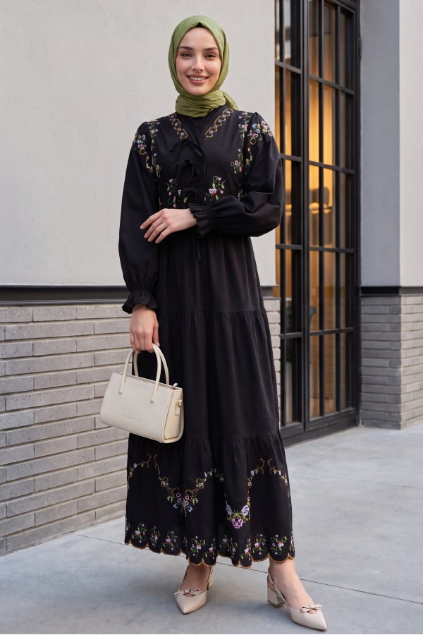 V-Neck, Ruffled, Embroidered, Elasticated Sleeve, Lined Linen Dress -Black