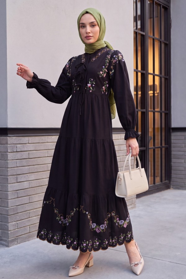 V-Neck, Ruffled, Embroidered, Elasticated Sleeve, Lined Linen Dress -Black