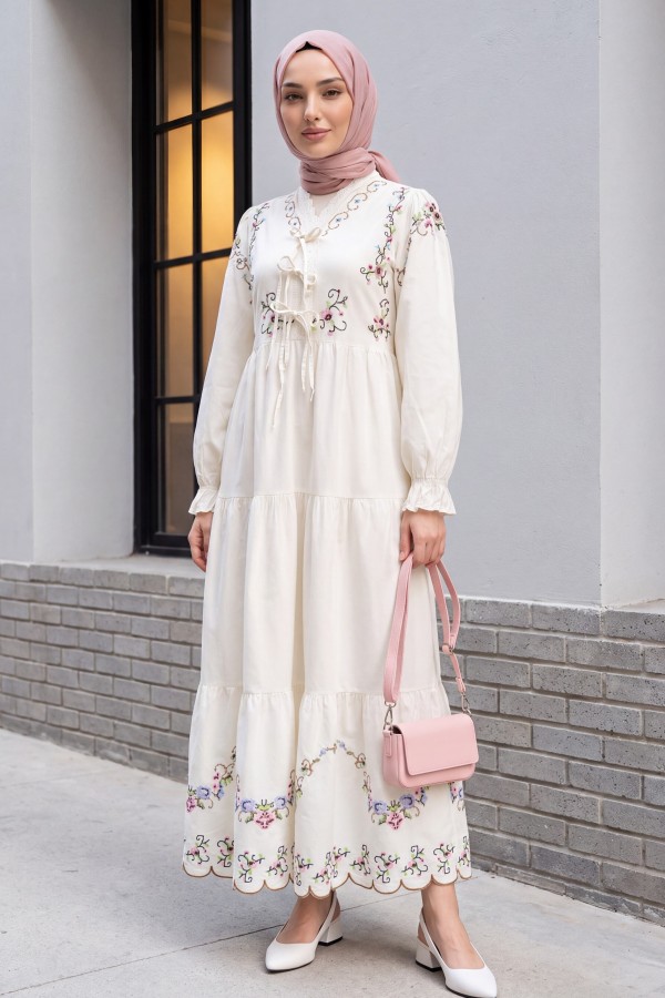 V-Neck, Ruffled, Embroidered, Elasticated Sleeve, Lined Linen Dress -White