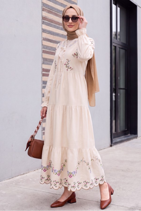V-Neck, Ruffled, Embroidered, Elasticated Sleeve, Lined Linen Dress - Beige