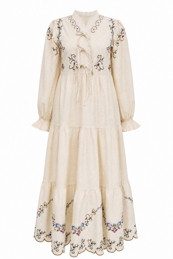 V-Neck, Ruffled, Embroidered, Elasticated Sleeve, Lined Linen Dress - Beige