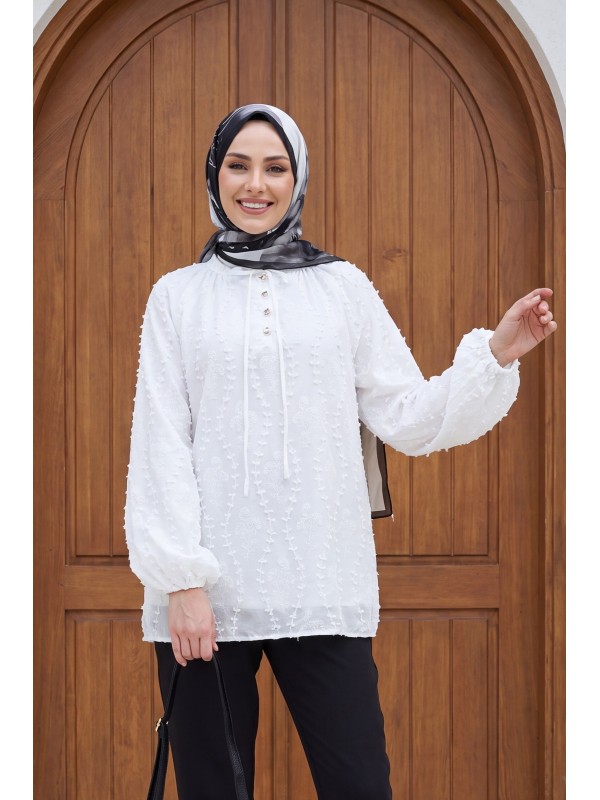 Yakası Bağcıklı Düğmeli Astarlı Nakışlı Oversize Keten Tunik -Beyaz