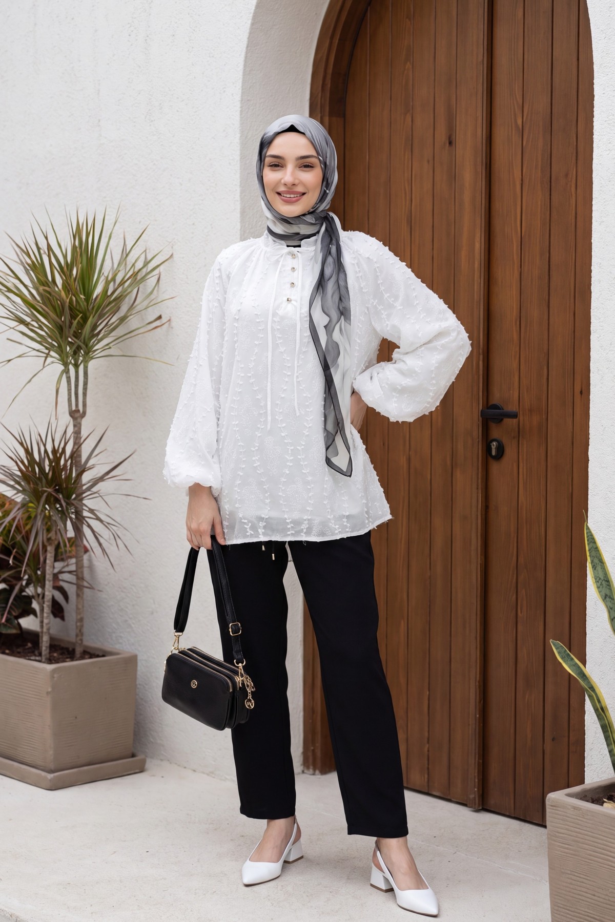 Oversize Linen Tunic with Lace-Up Neckline, Button Closure, Lined, and Embroidered. -White