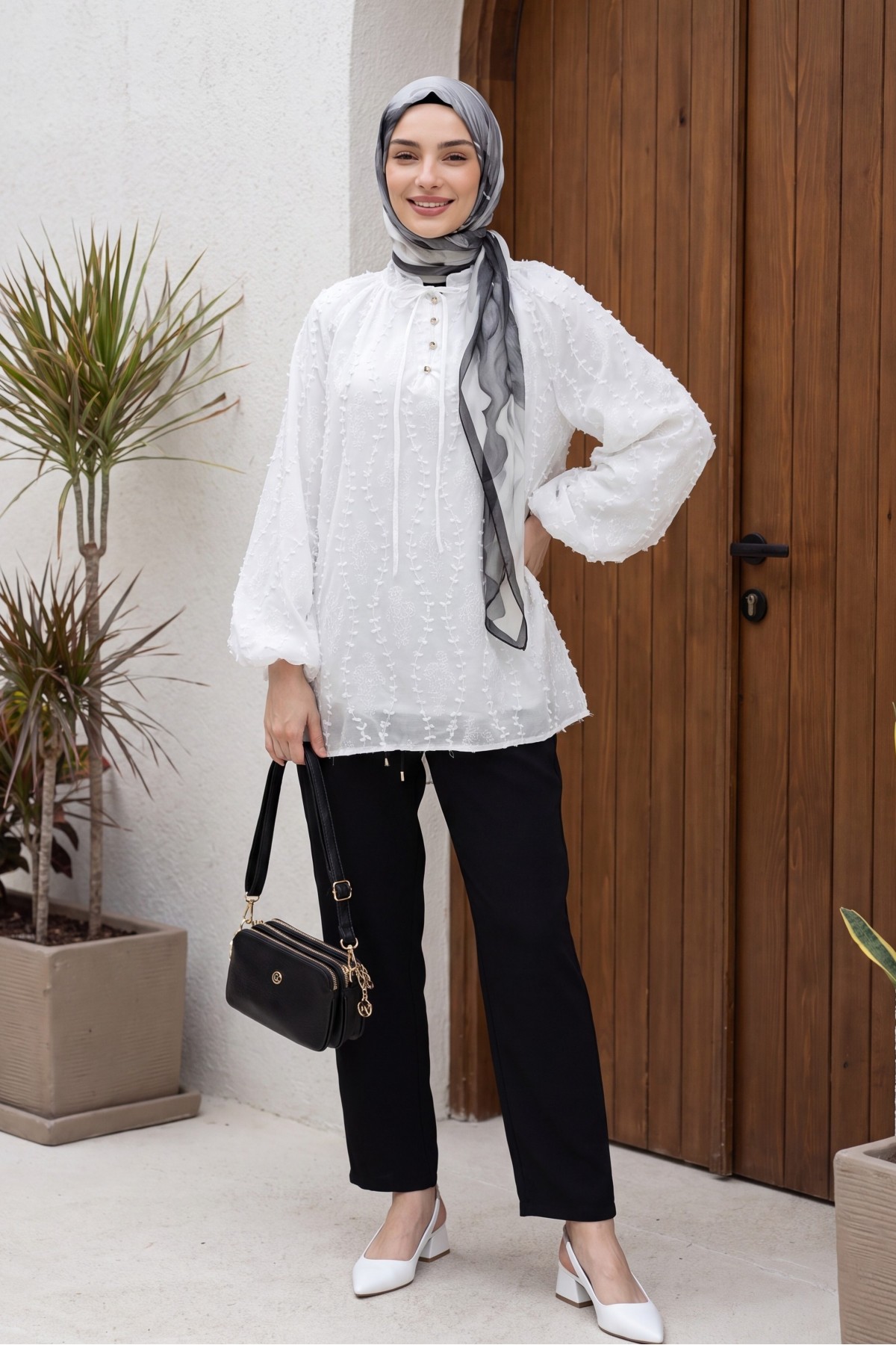 Oversize Linen Tunic with Lace-Up Neckline, Button Closure, Lined, and Embroidered. -White