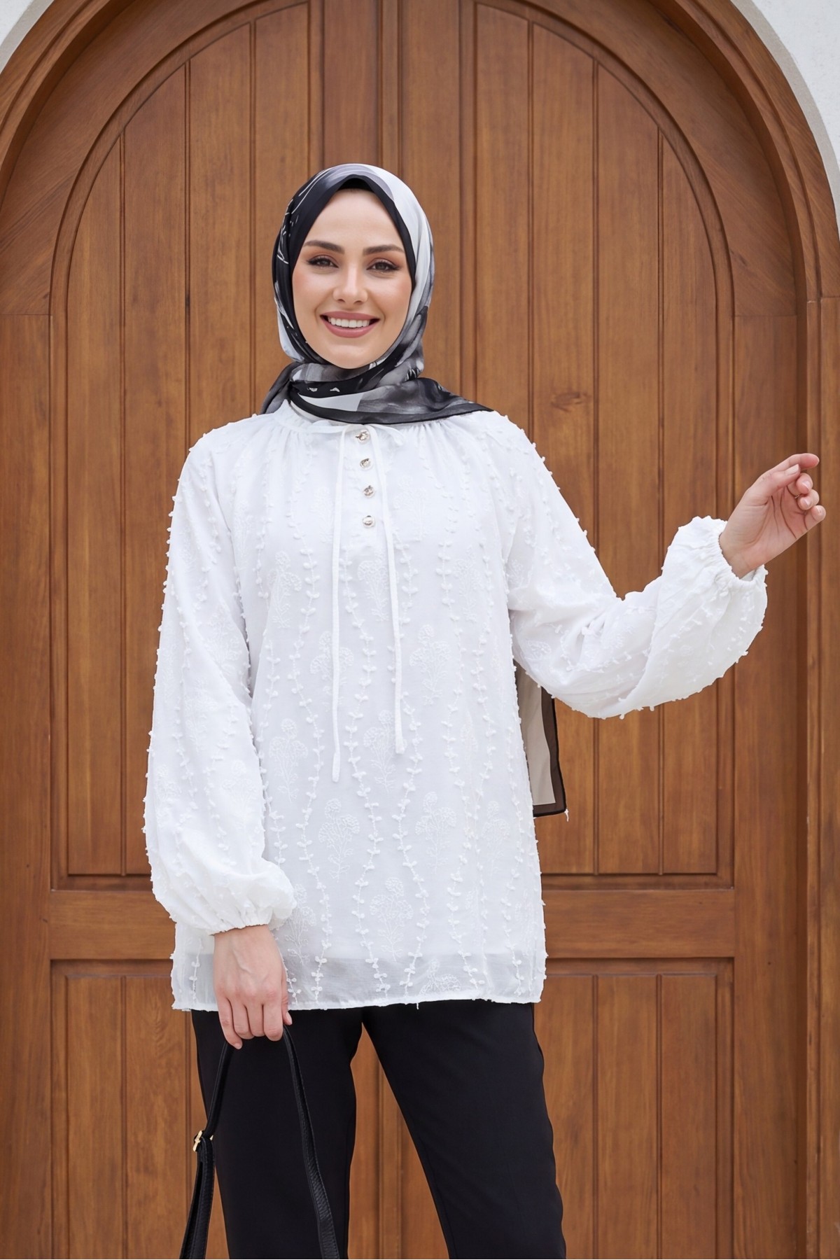 Oversize Linen Tunic with Lace-Up Neckline, Button Closure, Lined, and Embroidered. -White