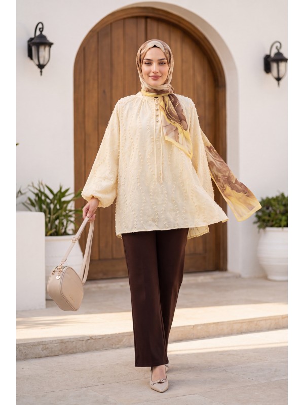 Yakası Bağcıklı Düğmeli Astarlı Nakışlı Oversize Keten Tunik -Sarı