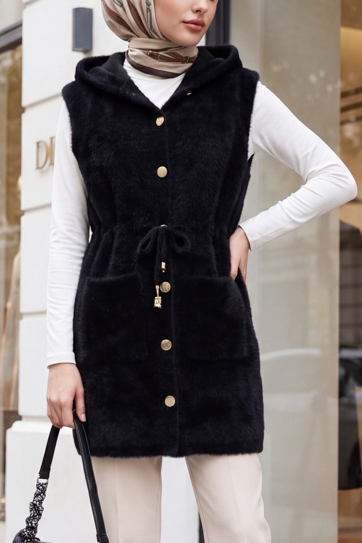 Hooded, Double Pocket, Drawstring Waist, Bearded Vest -Black