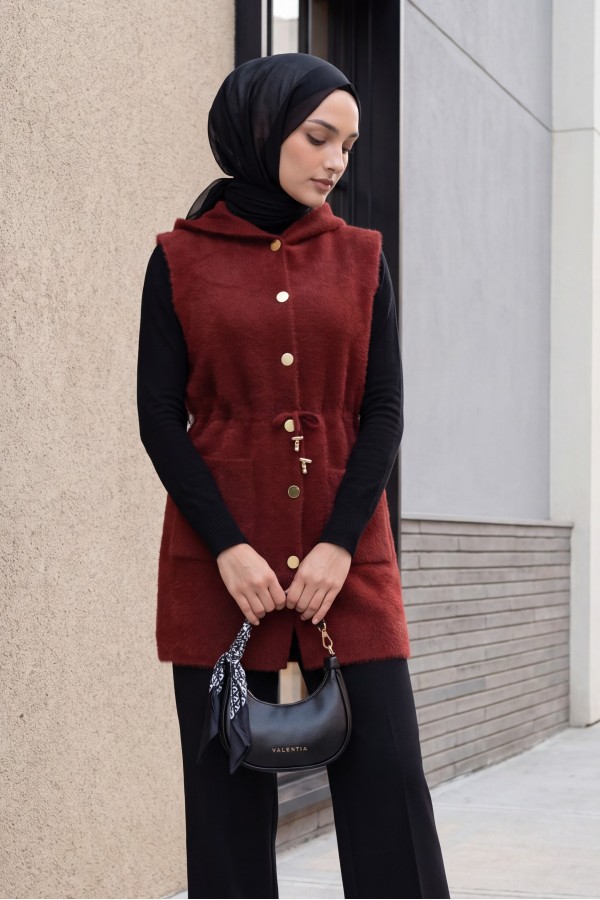 Hooded, Double Pocket, Drawstring Waist, Bearded Vest -Maroon