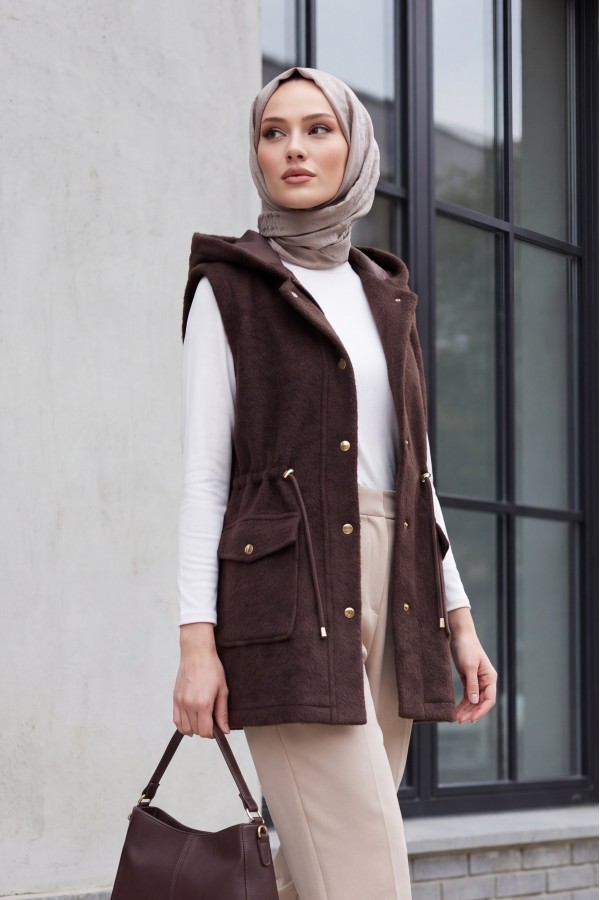 Hooded, Double Pocket, Drawstring Waist, Bearded Vest -Brown