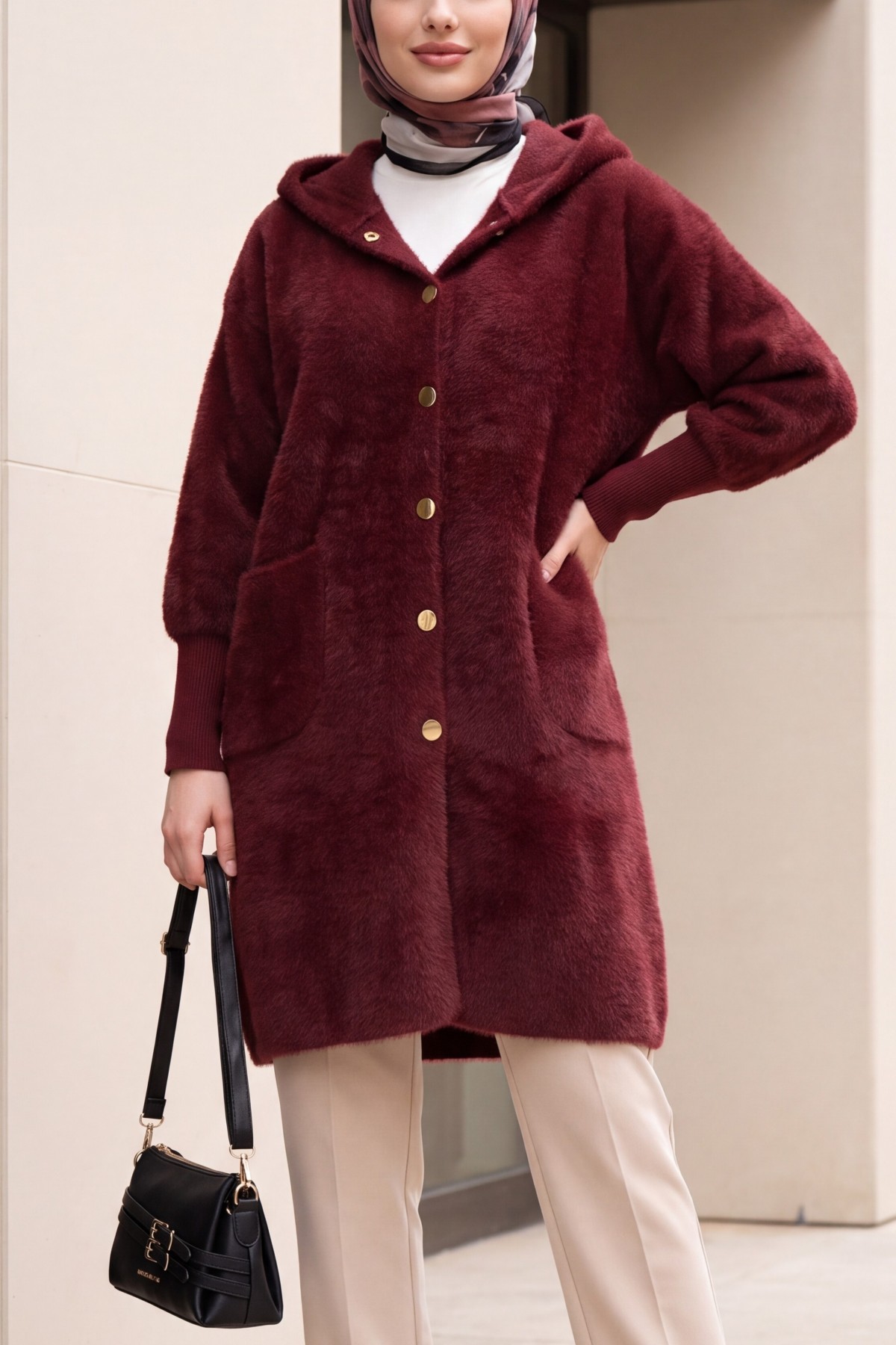 Hooded Cardigan with Buttons, Two Pockets, and Textured Knit Detail -Maroon