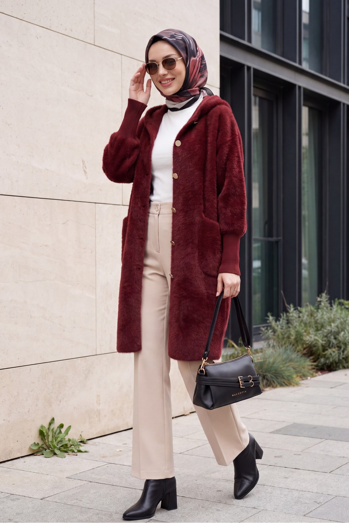 Hooded Cardigan with Buttons, Two Pockets, and Textured Knit Detail -Maroon