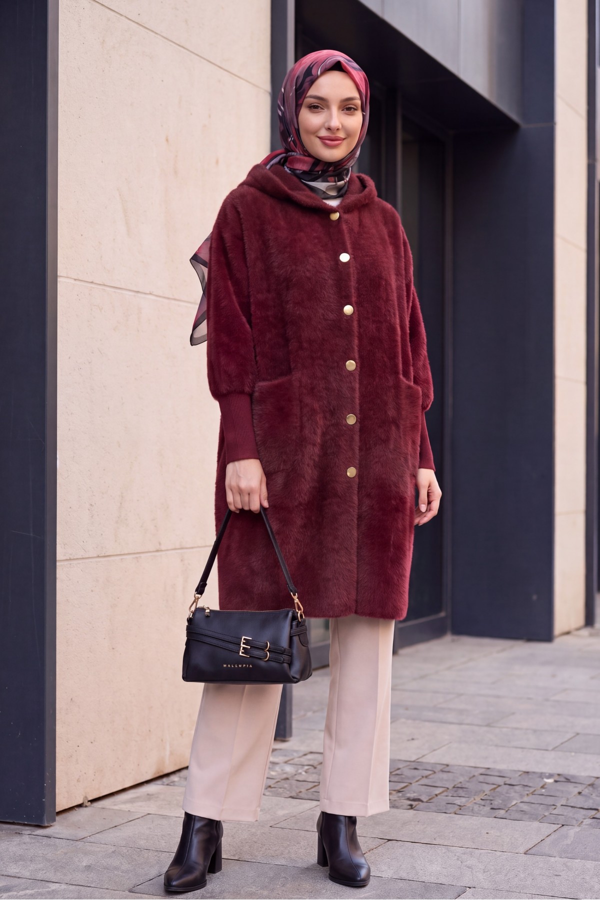 Hooded Cardigan with Buttons, Two Pockets, and Textured Knit Detail -Maroon