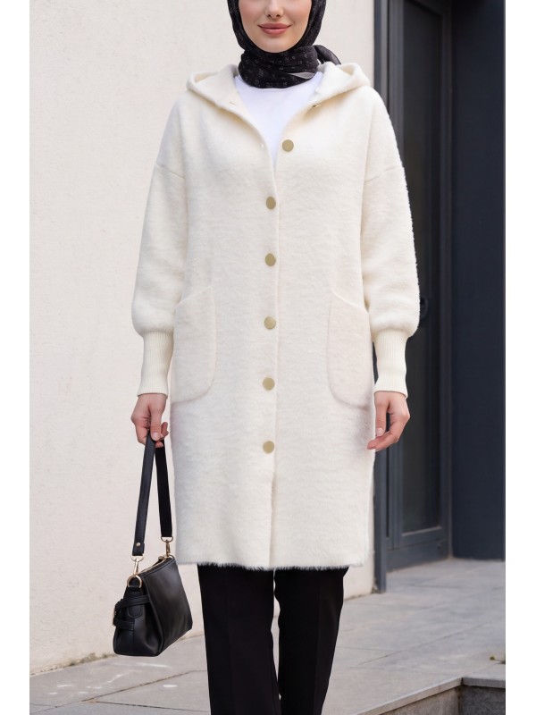 Hooded Cardigan with Buttons, Two Pockets, and Textured Knit Detail -Ecru