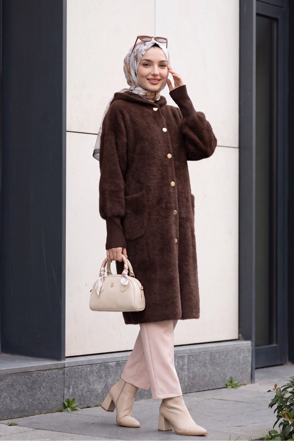 Hooded Cardigan with Buttons, Two Pockets, and Textured Knit Detail -Dark Coffee