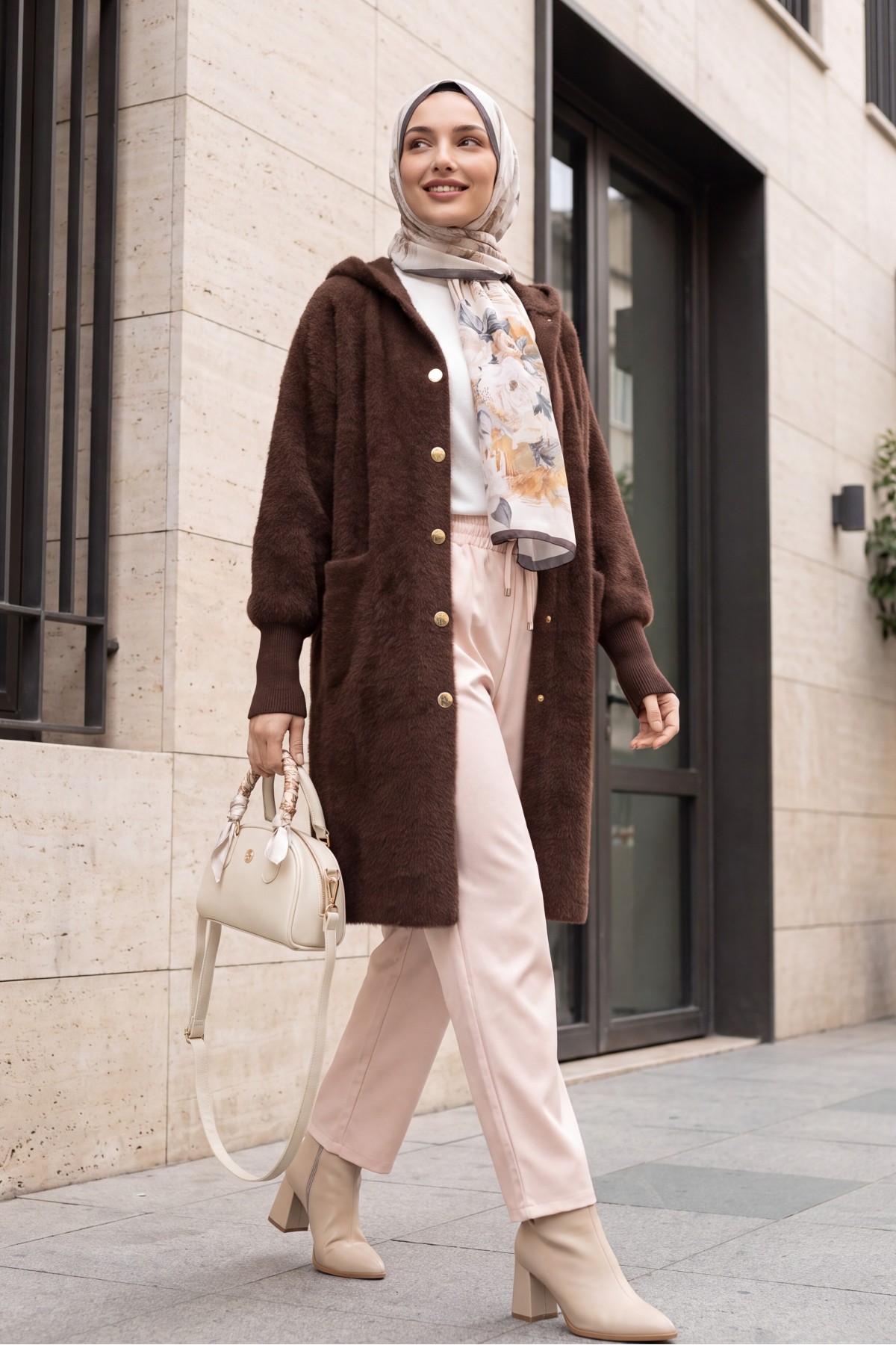 Hooded Cardigan with Buttons, Two Pockets, and Textured Knit Detail -Dark Coffee
