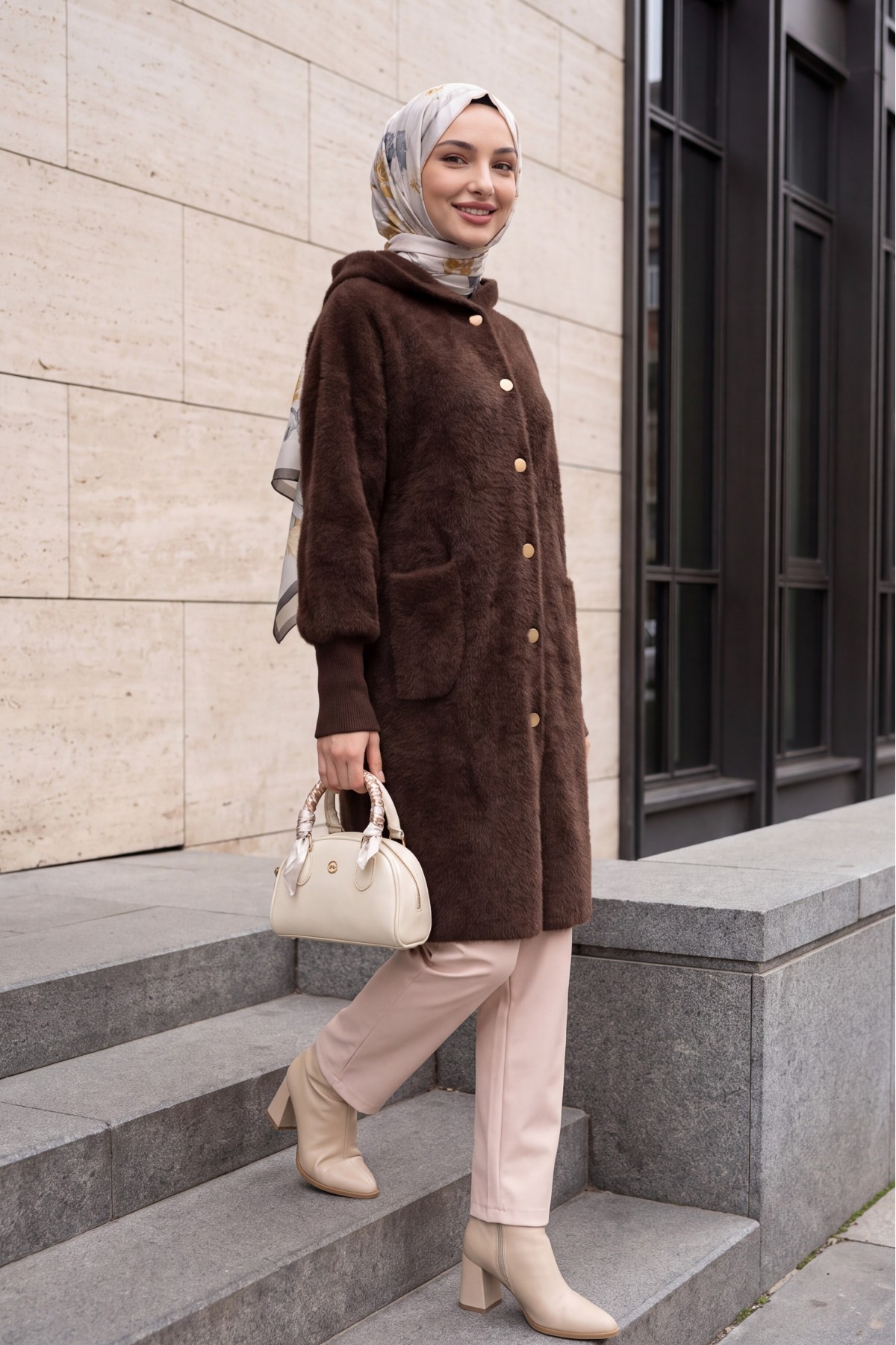 Hooded Cardigan with Buttons, Two Pockets, and Textured Knit Detail -Dark Coffee