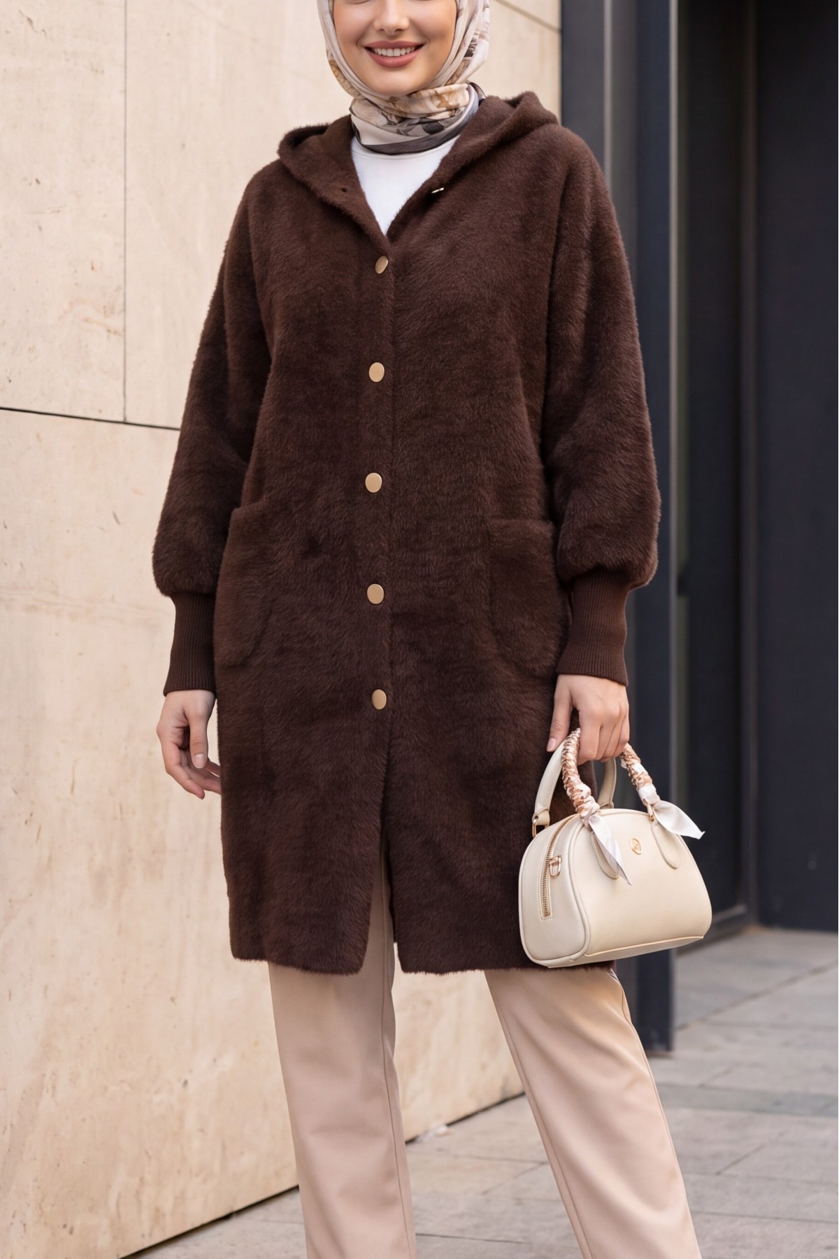 Hooded Cardigan with Buttons, Two Pockets, and Textured Knit Detail -Dark Coffee