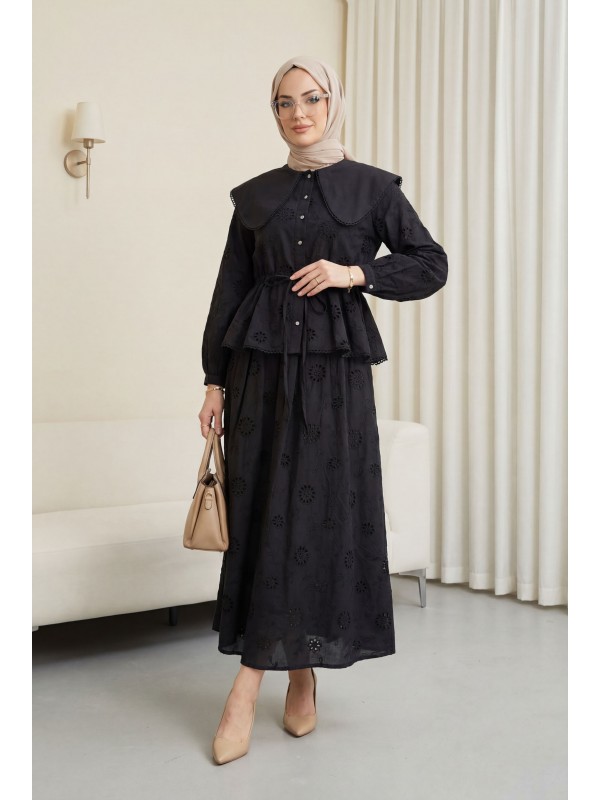 Bebe Yaka Beli Lastikli Bağcıklı Nakışlı Astarlı Keten Takım  -Siyah