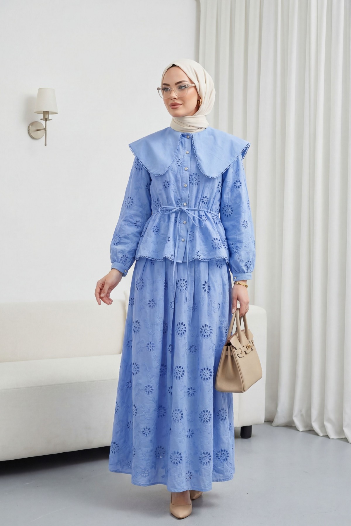 طقم كتان مطرز، بياقة بيتر بان، وخصر مطاطي، ورباط، ومبطن -أزرق