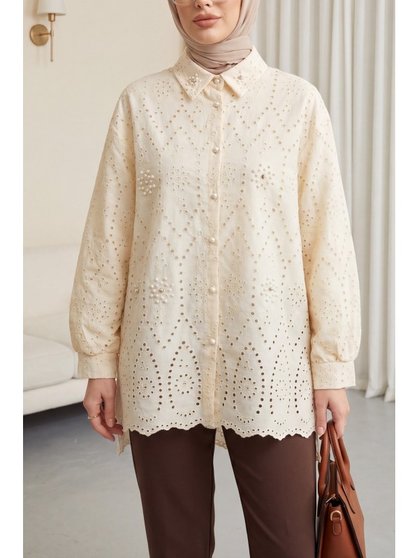 İnci Detaylı Astarlı Fistolu Arkası Uzun Tunik -Bej