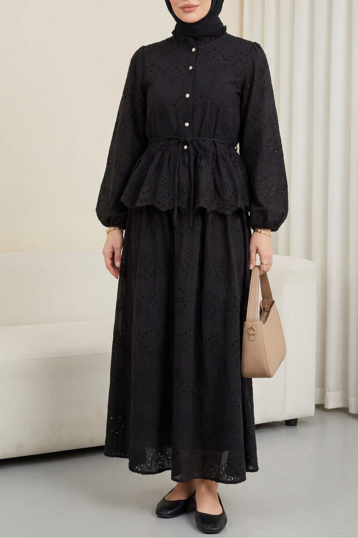 Linen Suit with Elasticated Sleeves, Belt, Lining, Pearl Buttons and Ruffles -Black