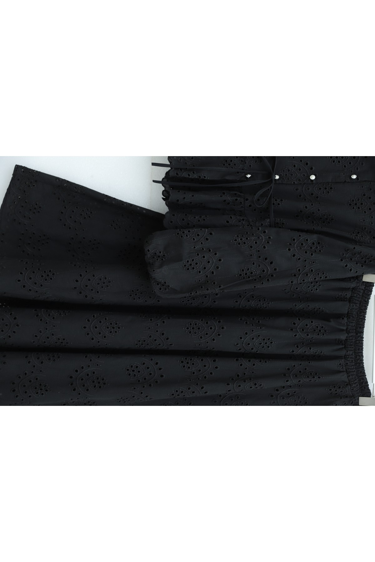 Linen Suit with Elasticated Sleeves, Belt, Lining, Pearl Buttons and Ruffles -Black