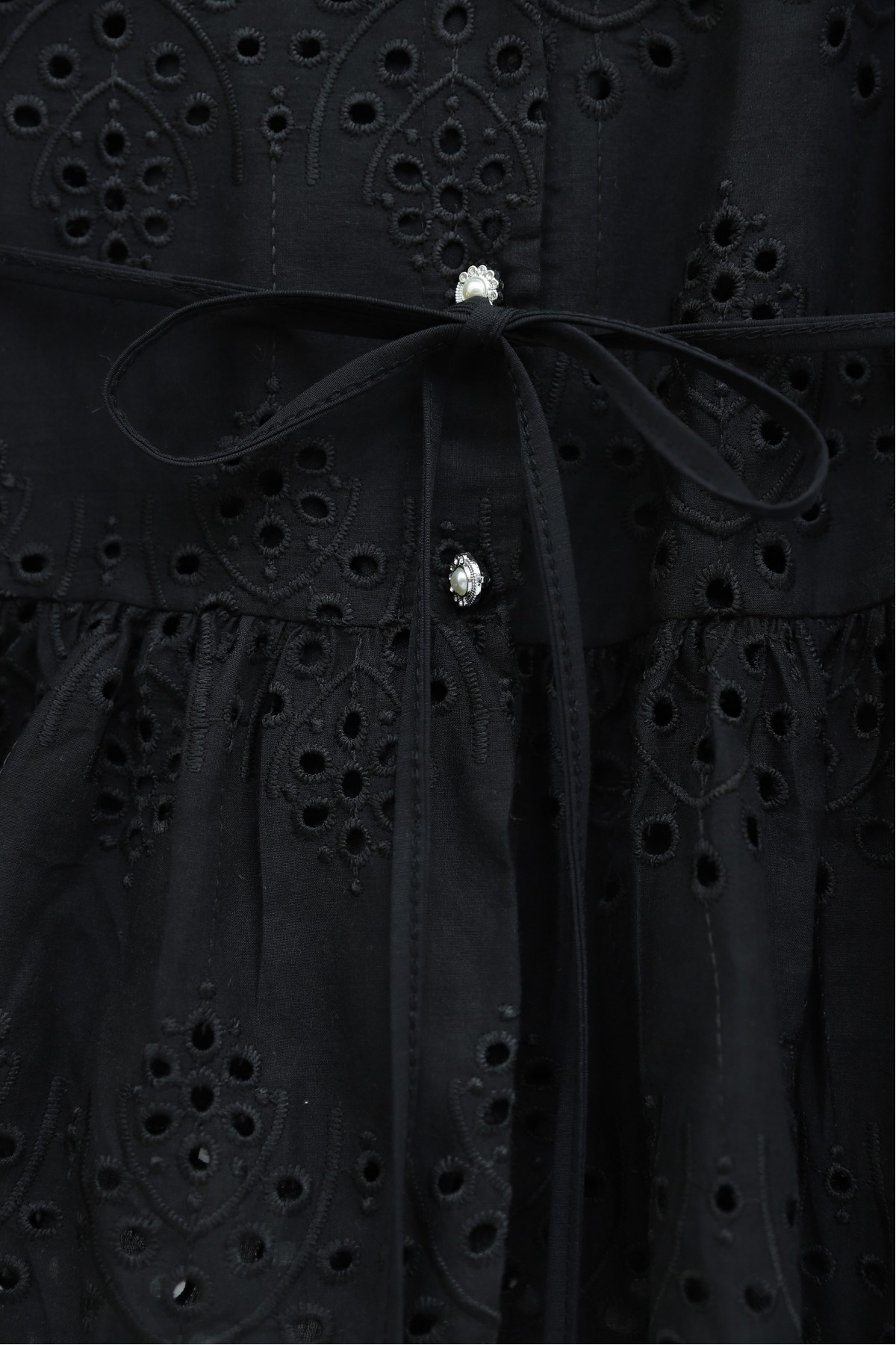 Linen Suit with Elasticated Sleeves, Belt, Lining, Pearl Buttons and Ruffles -Black
