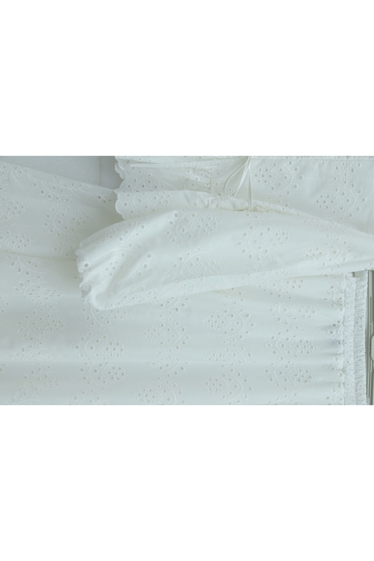 Linen Suit with Elasticated Sleeves, Belt, Lining, Pearl Buttons and Ruffles -White