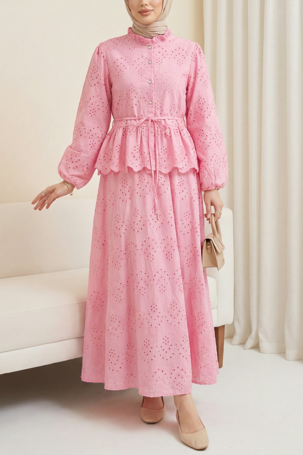 Linen Suit with Elasticated Sleeves, Belt, Lining, Pearl Buttons and Ruffles -Pink