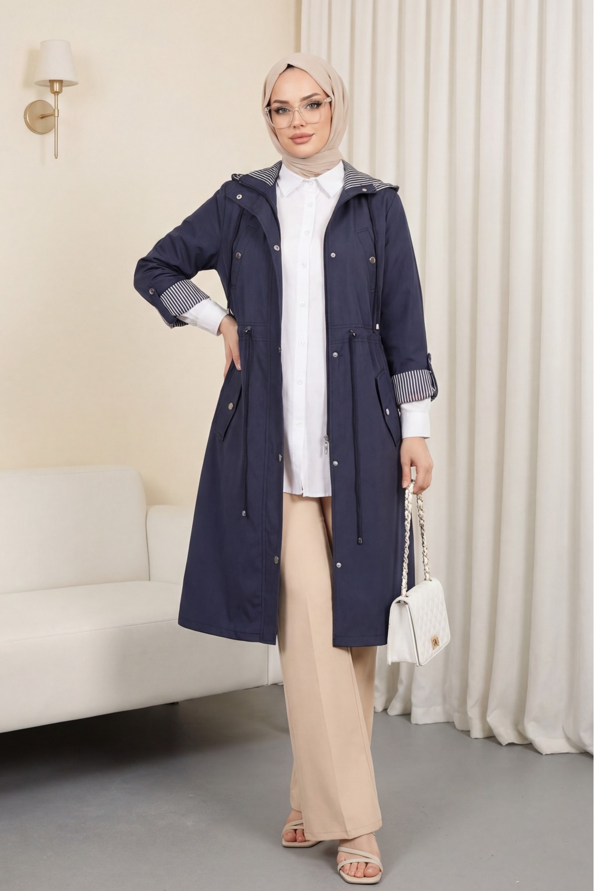 Striped Trench Coat    -Navy blue
