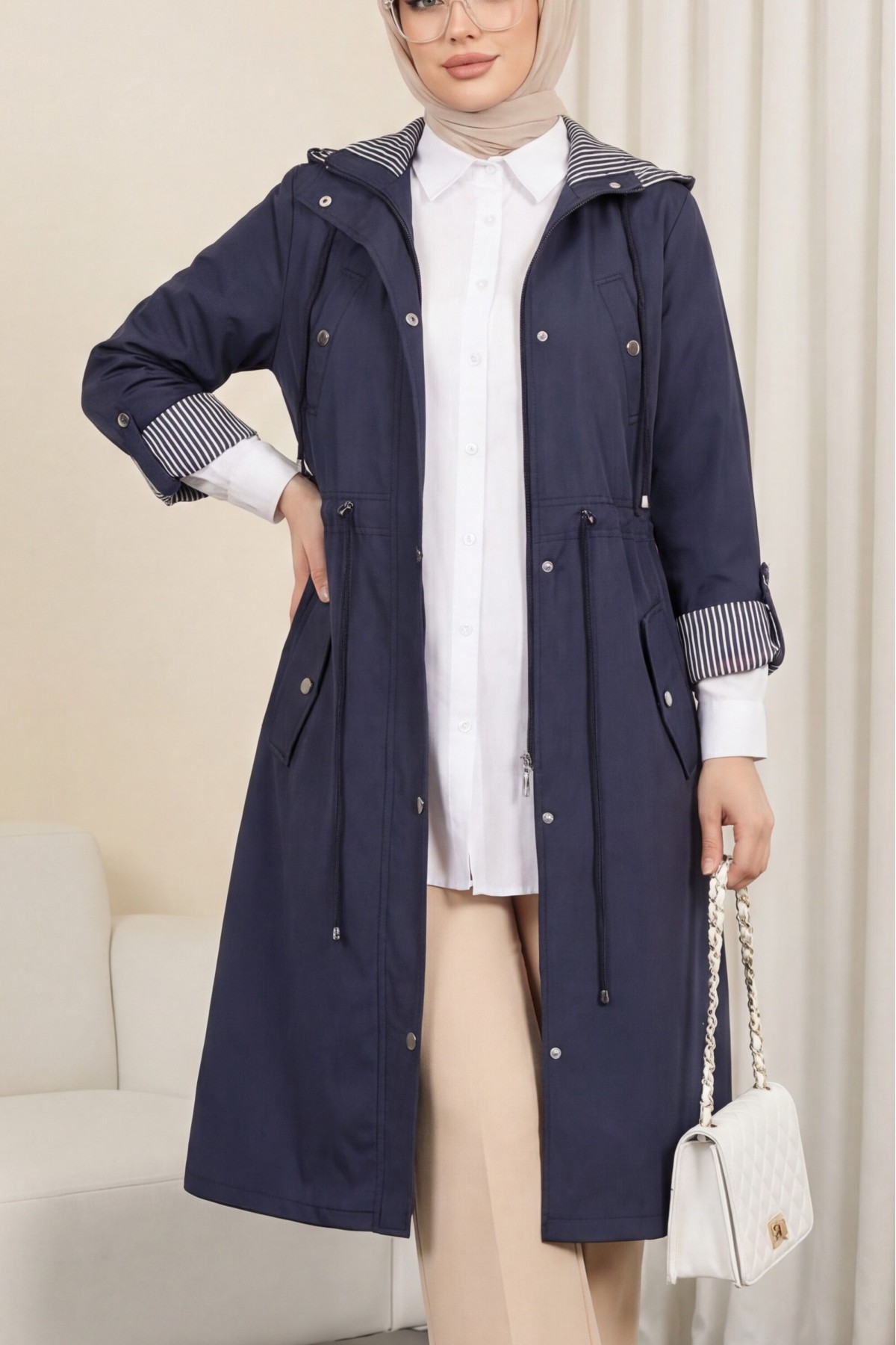 Striped Trench Coat    -Navy blue