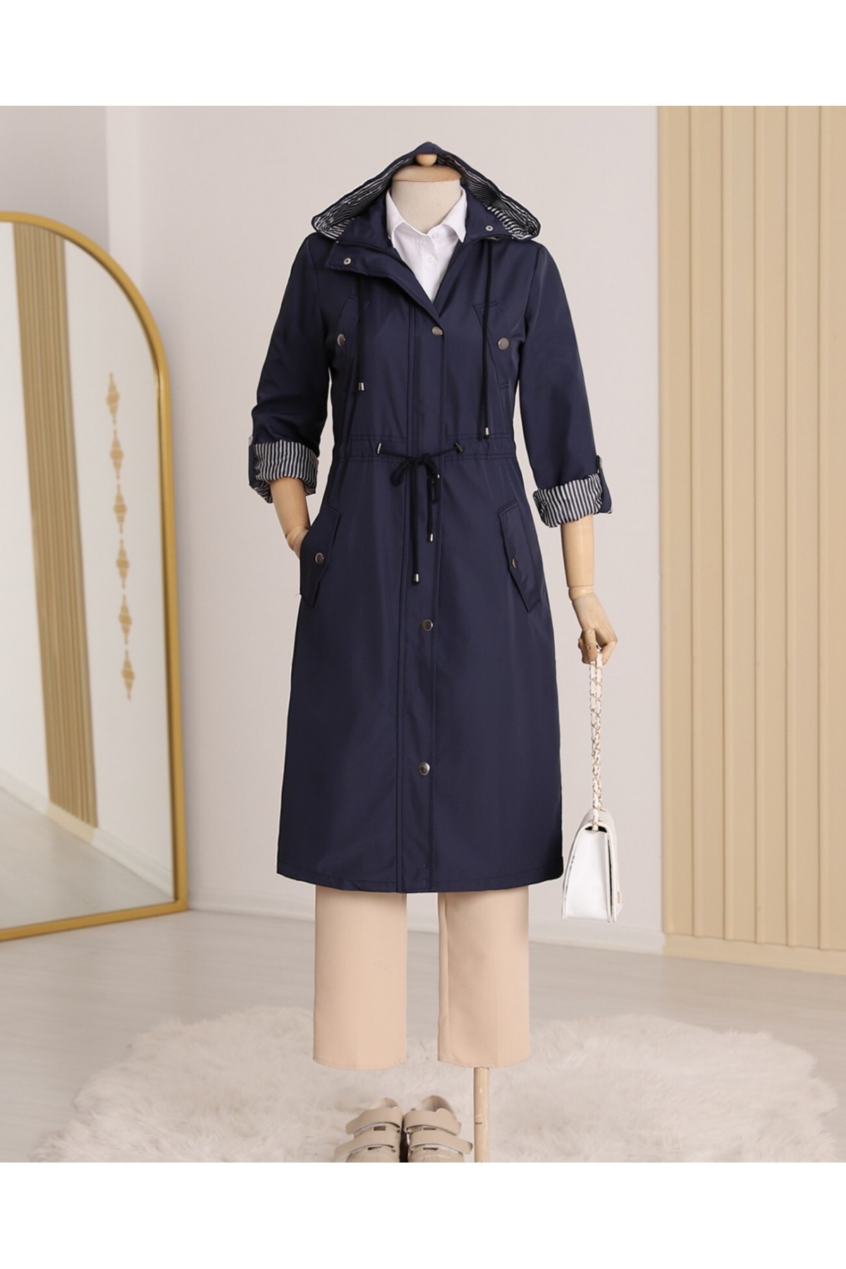 Striped Trench Coat    -Navy blue