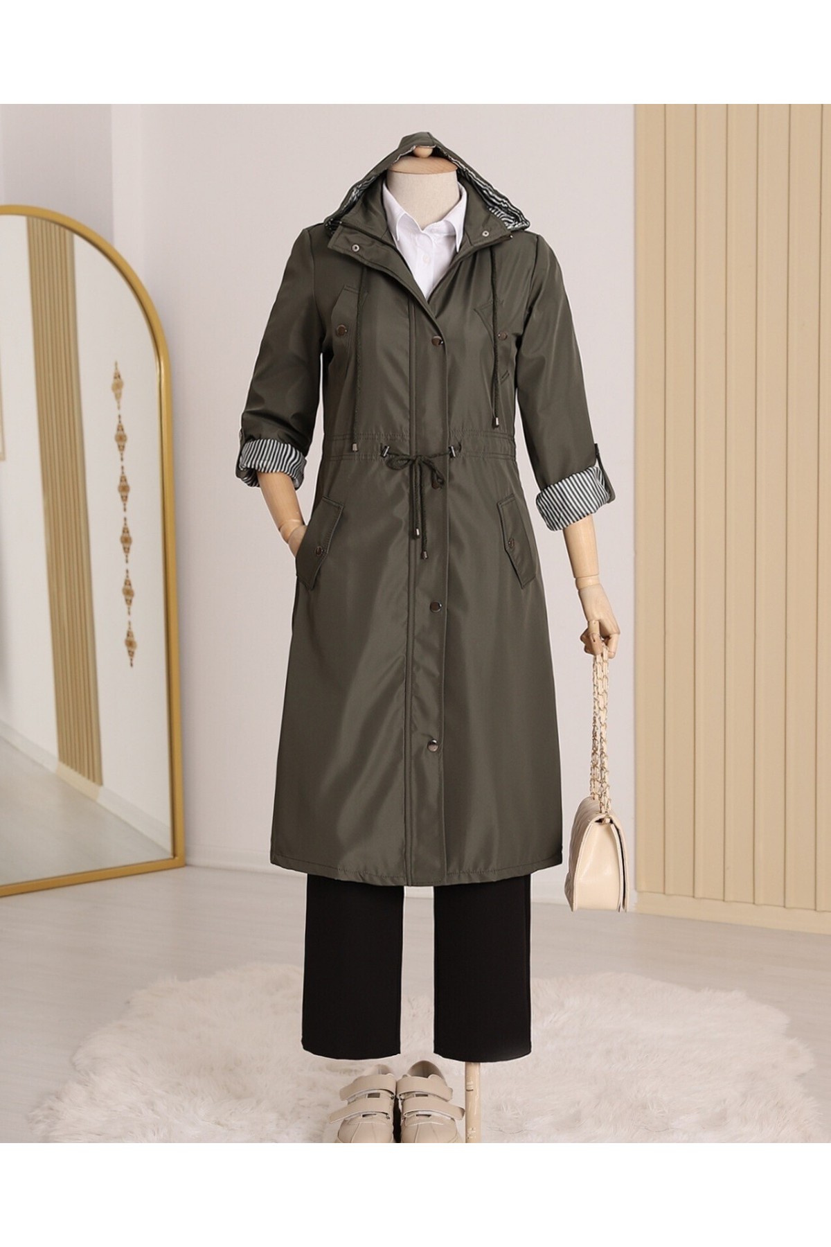 Striped Trench Coat   -Khaki