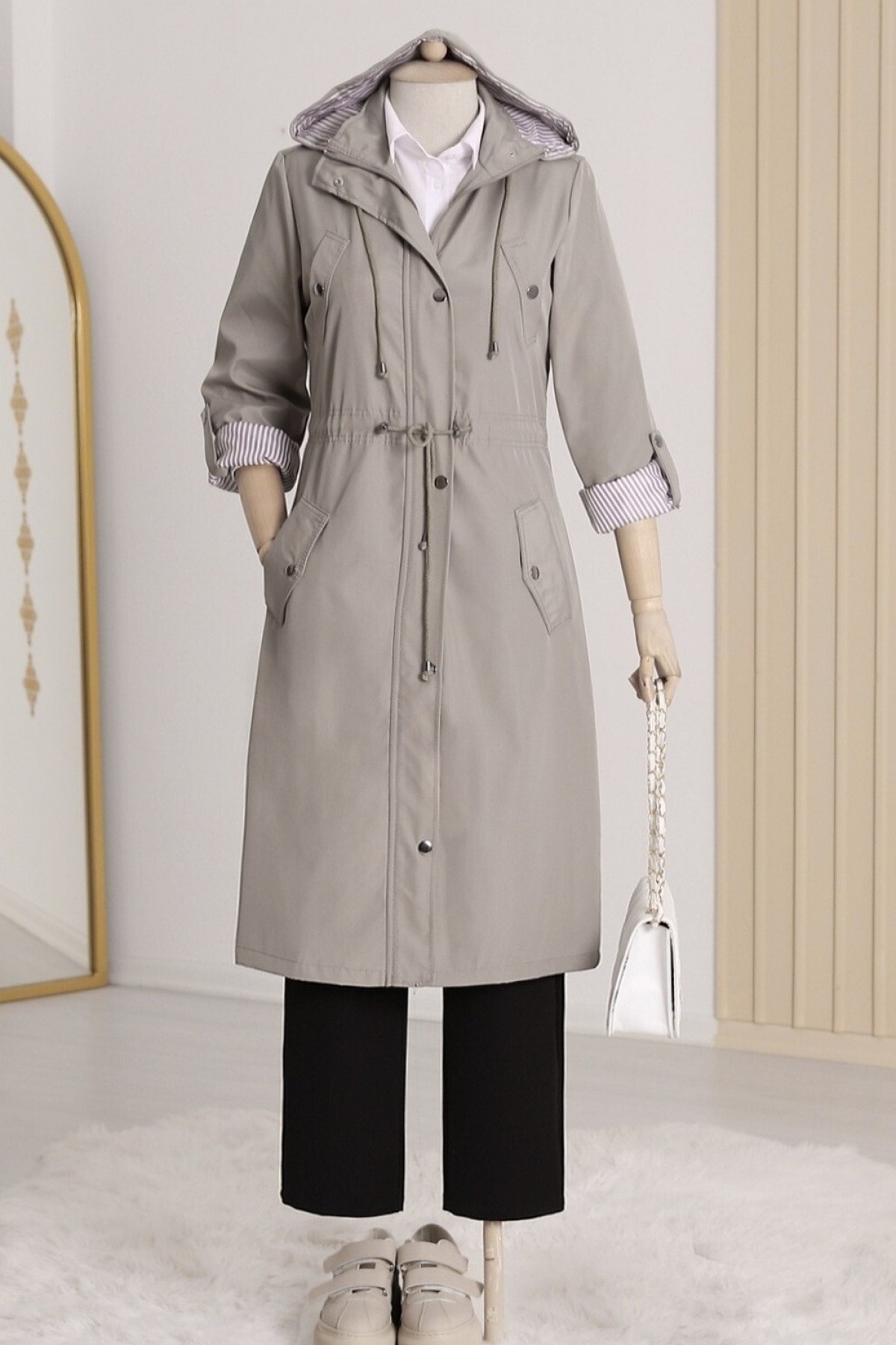 Striped Trench Coat  -Grey