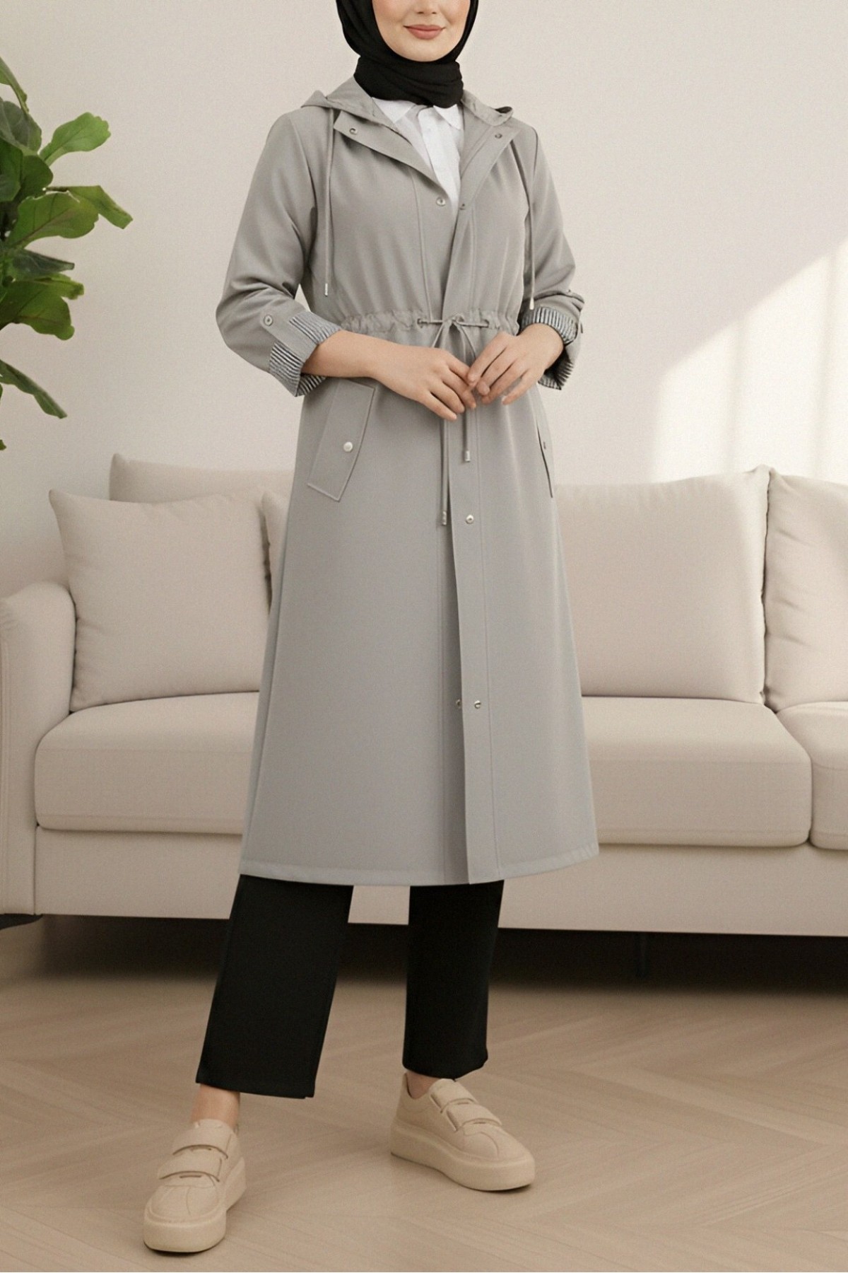 Striped Trench Coat  -Grey